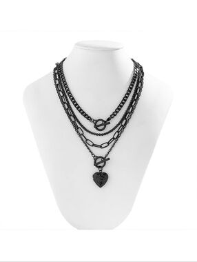 Layered Black Heart Pendant Necklace - Women Jewelry